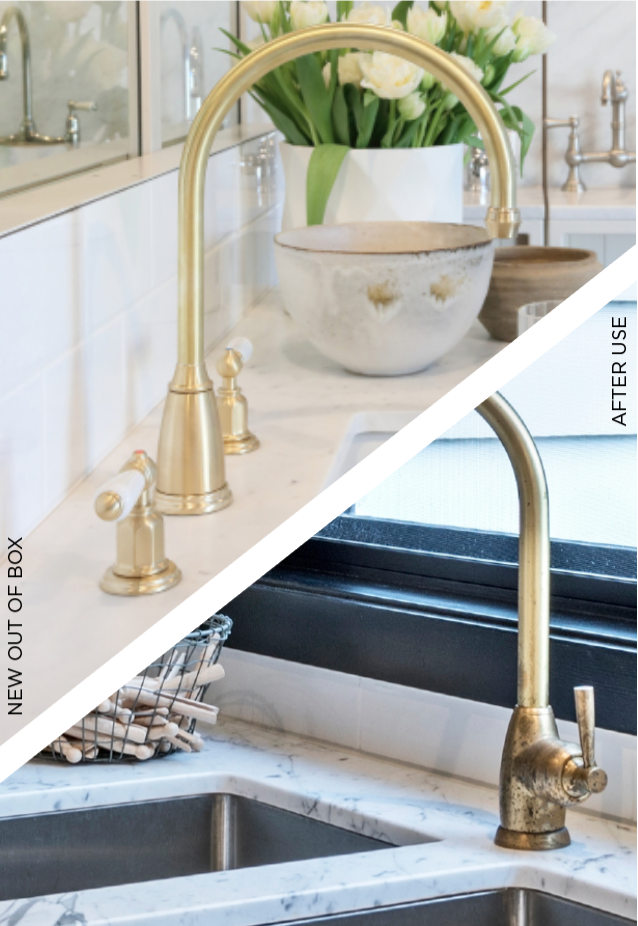 Satin brass new and aged comparison photo showing the natural patina development of brass tapware over time.